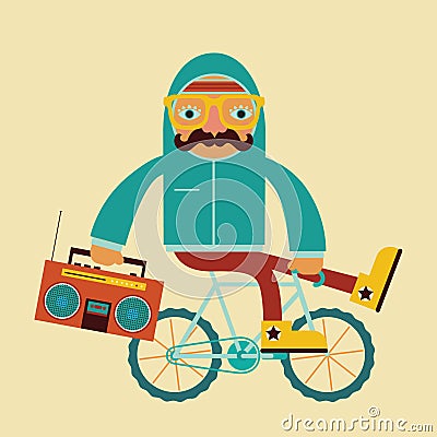 Hipster by bicycle with boombox Cartoon Illustration