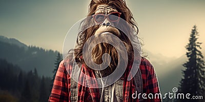Hipster Bigfoot portrait dressed in clothing. Conceptual liberal Sasquatch disguised in human clothes Stock Photo