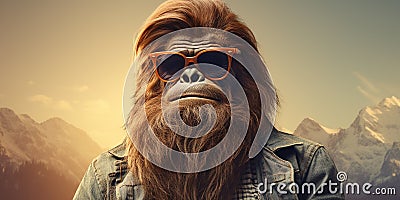 Hipster Bigfoot portrait dressed in clothing. Conceptual liberal Sasquatch disguised in human clothes Stock Photo