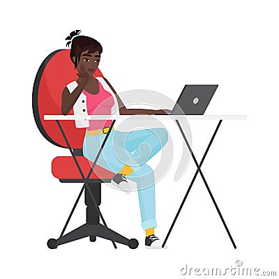 Hipster black girl working at table Vector Illustration