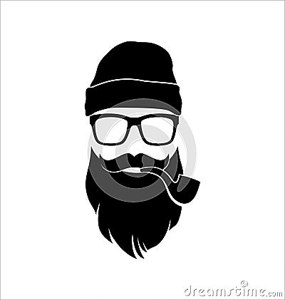 Hipster Black and White with Pipe. Mustaches. Vector Illustration