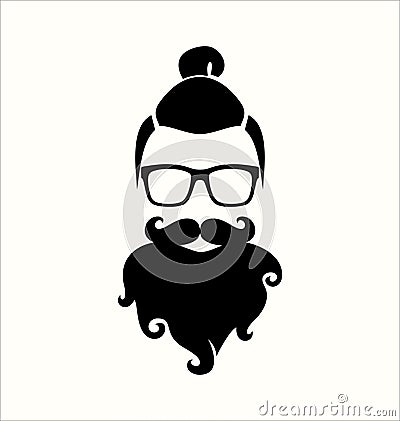 Hipster Black and White. Top Knot Hairstyle. Mustaches. Beard. Vector Illustration