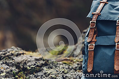 Hipster Blue Backpack, Front View Close-Up. Tourist Traveler Bag Stock Photo