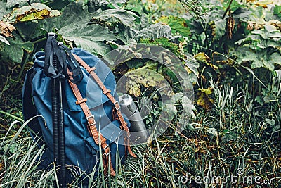 Hipster Blue Backpack, Thermos And Trekking Poles Closeup. Tourist Traveler Bag Green Background. Adventure Hiking Concept Stock Photo