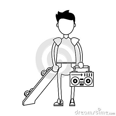 Hipster boy with green skateboard in black and white Vector Illustration