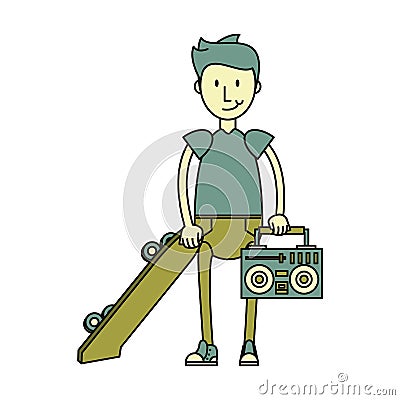 Hipster boy with green skateboard Vector Illustration