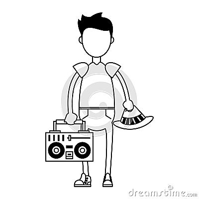 Hipster boy with stereo illustration in black and white Vector Illustration