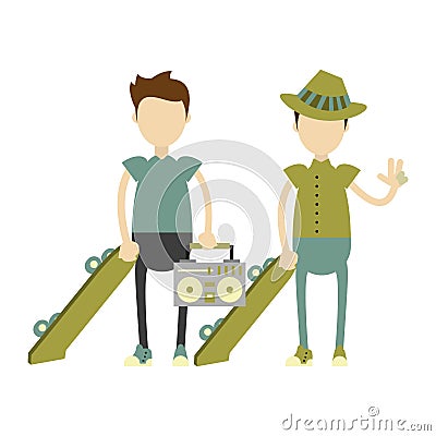 Hipster boys with green skateboards Vector Illustration