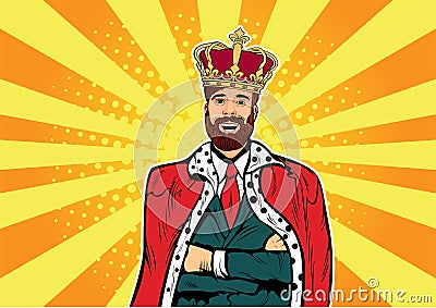 Hipster Business king. Businessman with beard and crown pop art illustration. Leader concept Vector Illustration