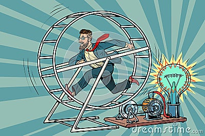 Hipster businessman produces electricity, power generator Vector Illustration