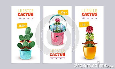 Hipster Cactus Banners Set Vector Illustration