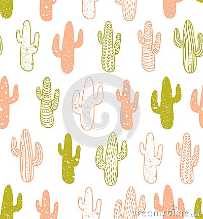 Hipster cactus seamless pattern. Cacti tribal boho background. Fabric print design. Vector Illustration