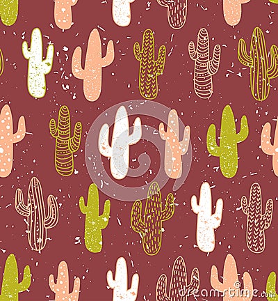 Hipster cactus seamless pattern. Cacti tribal boho background. Fabric print design. Vector Illustration