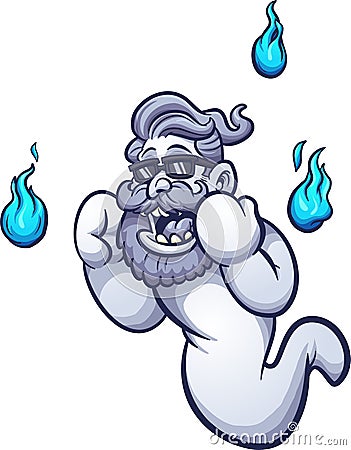 Hipster cartoon ghost with blue flames, yelling Vector Illustration