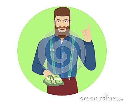 Hipster with cash money pointing up Vector Illustration