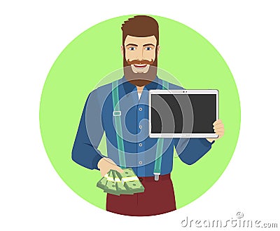 Hipster with cash money showing blank digital tablet PC Vector Illustration