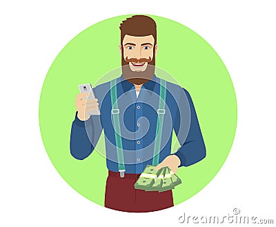 Hipster with cash money using mobile phone Vector Illustration