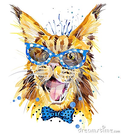 Hipster Cat Portrait. Maine Coon cat. watercolor cat Cartoon Illustration