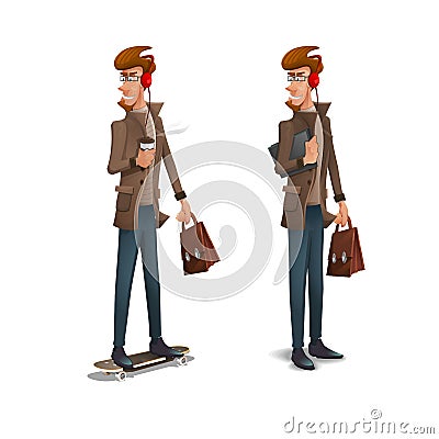 Hipster character with beard and takeaway coffee on skateboard isolated on white background. Vector Illustration