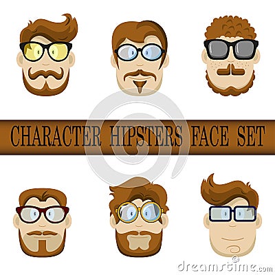 Hipster character face set. Hipster Character Kit - Hairstyles, Glasses, Mustaches, Beards. Cartoon Illustration