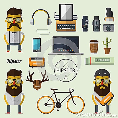 Hipster character with set of Hipster accessory icon in flat design Vector Illustration