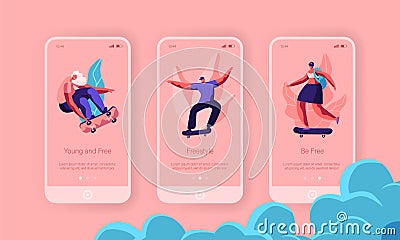 Hipster Character Skate Skateboard Mobile App Page Onboard Screen Set. Skater Man on Longboard Cool Freedom Lifestyle Vector Illustration