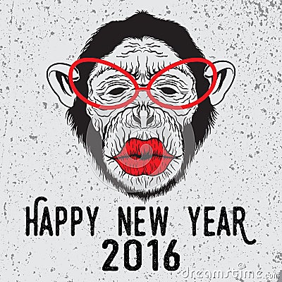 Hipster chimpanzee monkey with glasses who want to kiss. Cartoon Illustration