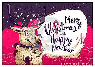 Hipster Christmas card or invitation flyer with Deer and elves Cartoon Illustration