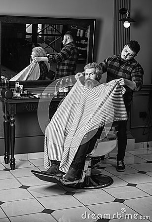Hipster client getting haircut. Barber and hair stylist dedicate to making you better looking person. Barber with Stock Photo