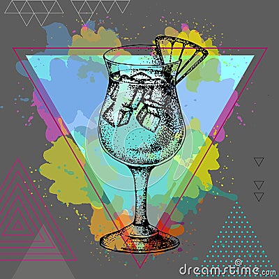 Hipster cocktail blue hawaii illustration on polygon watercolor background Vector Illustration