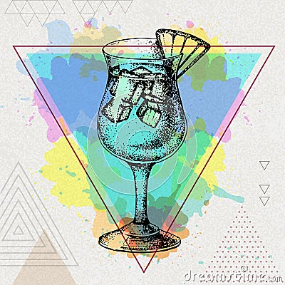 Hipster cocktail blue hawaii illustration on artistic watercolor background Vector Illustration