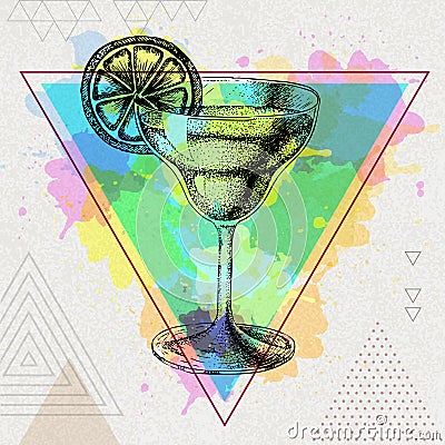 Hipster cocktail margarita illustration on artistic watercolor background Vector Illustration