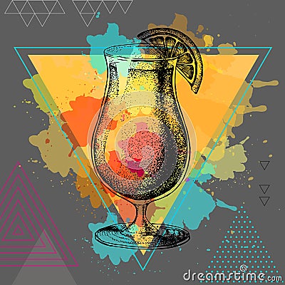 Hipster cocktail tequila sunrise illustration on polygon watercolor backgrond Vector Illustration