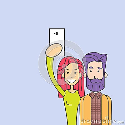 Hipster Couple Taking Selfie Photo Colorful Man Woman Hold Smart Phone Vector Illustration