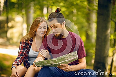 Hipster couple traveling in the forest Stock Photo