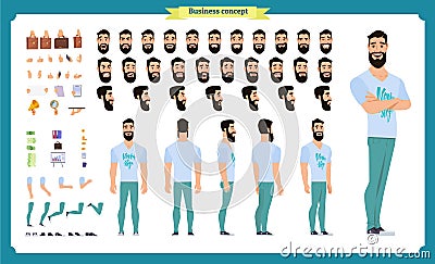 Hipster creation kit. Set of flat male cartoon character body parts, skin types, facial gestures, hairstyles, trendy Vector Illustration