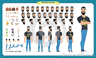 Hipster creation kit. Set of flat male cartoon character body parts, hairstyles, trendy clothing, Vector Illustration