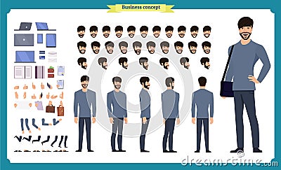 Hipster creation kit. Set of flat male cartoon character body parts, isolated on white background. Vector illustration. Vector Illustration