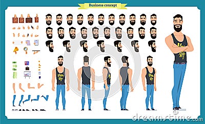 Hipster creation kit. Set of flat male cartoon character body parts, hairstyles, trendy clothing, Vector Illustration