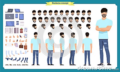 Hipster creation kit. Set of flat male cartoon character body parts, isolated on white background. Vector illustration. Vector Illustration