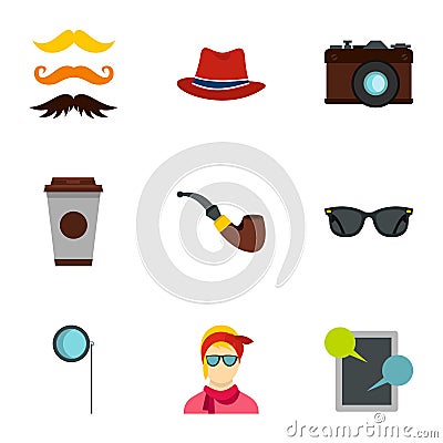 Hipster culture icons set, flat style Vector Illustration