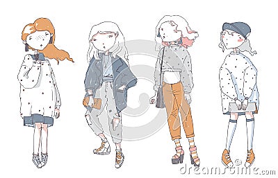 Hipster cute girls in casual clothes, hand drawn, isolated on white background. Vector set with color fashion women in different p Stock Photo