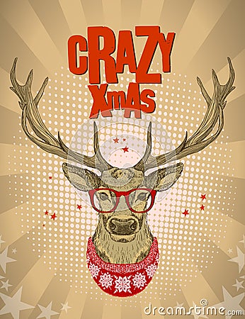 Hipster deer dressed in red glasses and knitted sweater. Vector Illustration