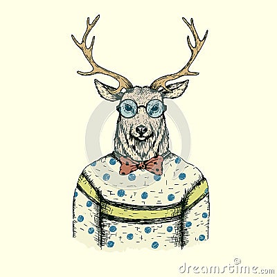 Hipster deer like a man dressed in the blouse Vector Illustration