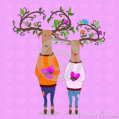 Hipster deers falling in love. valentine s day Vector Illustration