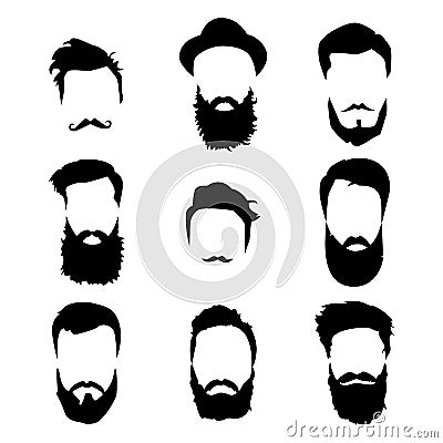 Hipster detailed hair and beards set. Fashion bearded man. Long beard with facial hair. Beard isolated on white Vector Illustration