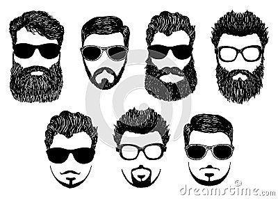 Hipster detailed hair and beards with sunglasses kit. Fashion bearded man face. Long beard with facial hair. Beard Vector Illustration