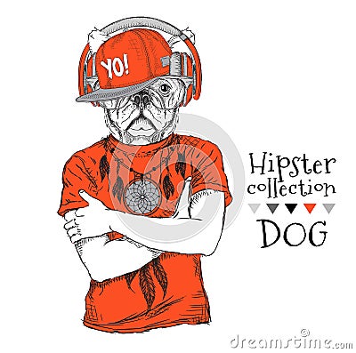 Hipster dog dressed up in t-shirt, headphones, cap and with glasses. Vector illustration Vector Illustration