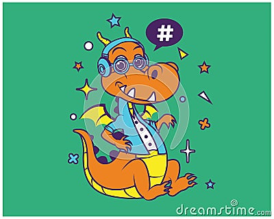 Hipster Dragon Cartoon T Shirt Design Vector Illustration