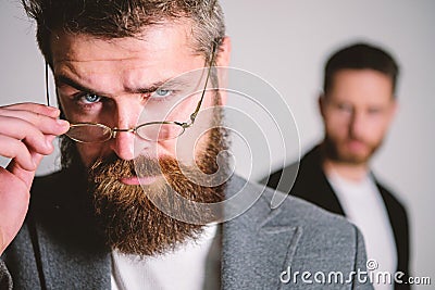 Hipster eyeglasses. Man handsome bearded hipster wear eyeglasses. Eye health and sight. Optics and vision concept Stock Photo